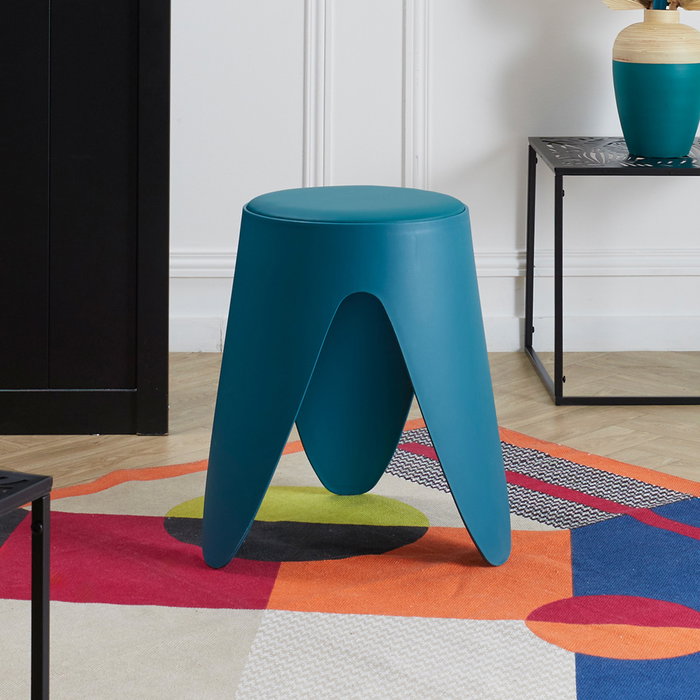 Home Deco Factory Taburete Eve Azul Canard Apilable de Plástico PP y PVC, Acolchado PU, d.30 cm; h.46 cm