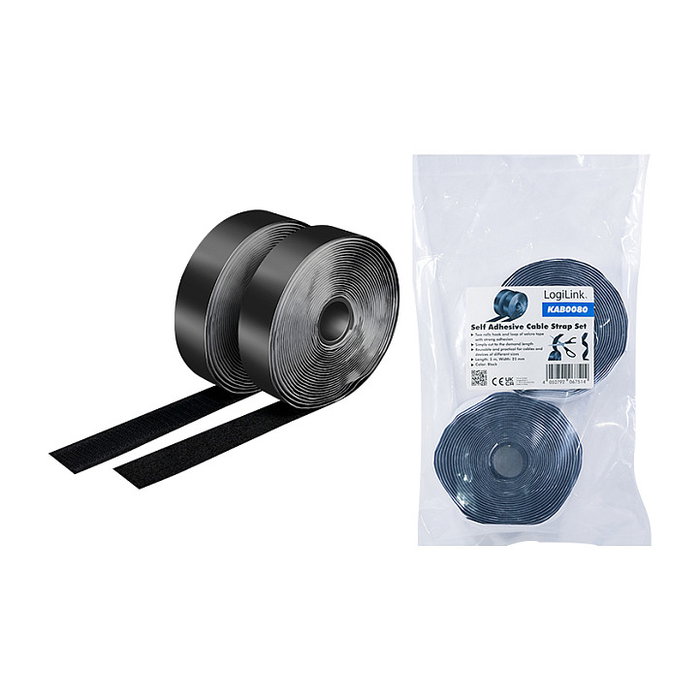 LogiLink KAB0080 Cinta de velcro autoadhesiva negra de 25 mm x 5 m (Pack de 2)