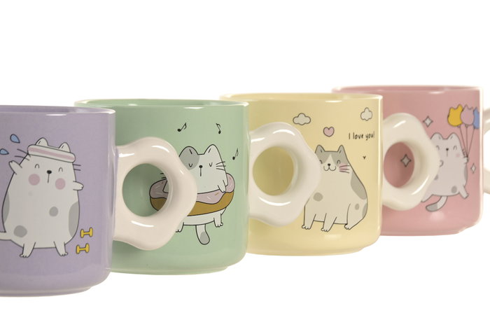 DKD Home Decor Set de Tazas de Porcelana con Diseño de Gatos, 325ml, Surtido de 4 Colores DKD Home Decor Set de Tazas de Porcelana con Diseño de Gatos, 325ml, Surtido de 4 Colores