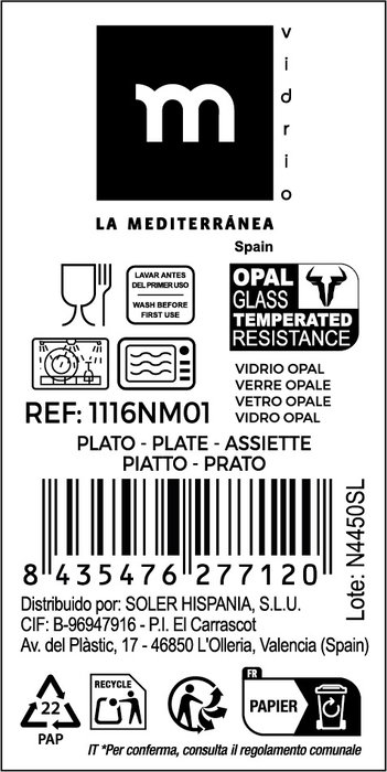 La Mediterranea Plato Llano Whom 26.5 cm, Vajilla de Cristal Opal, Plato de 26.6 cm x 26.7 cm (36 Unidades)