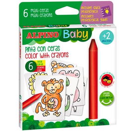 Alpino Ceras Baby "La Jungla" Estuche De 6 Ceras Extra Gruesas Para Bebés Con Cartas Para Colorear, Guía Pedagógica Y Sacapuntas, No Manchan