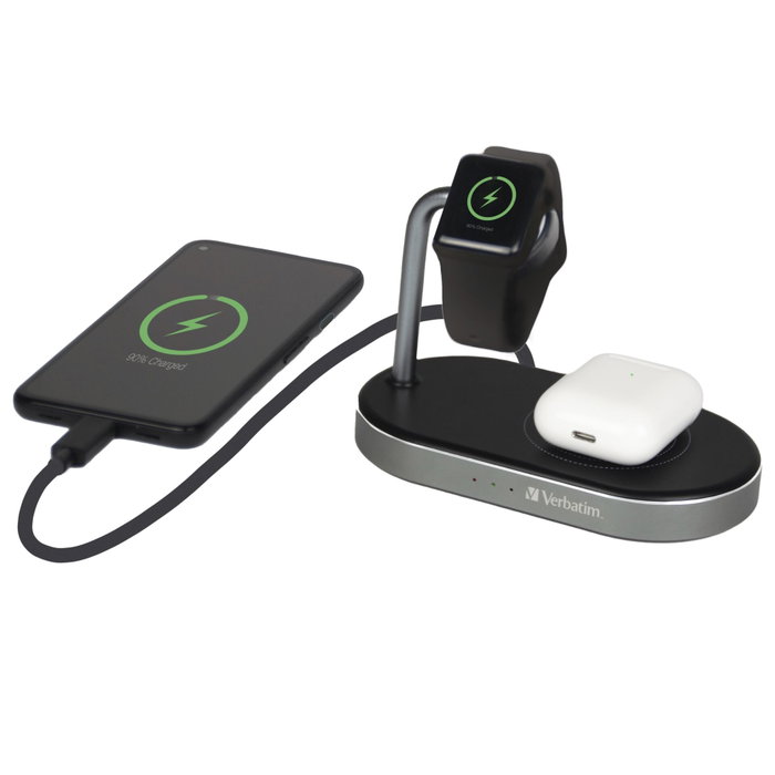 Verbatim WCS-02 Cargador 3 en 1 de Aluminio Qi MFi para Apple Watch y dispositivos móviles