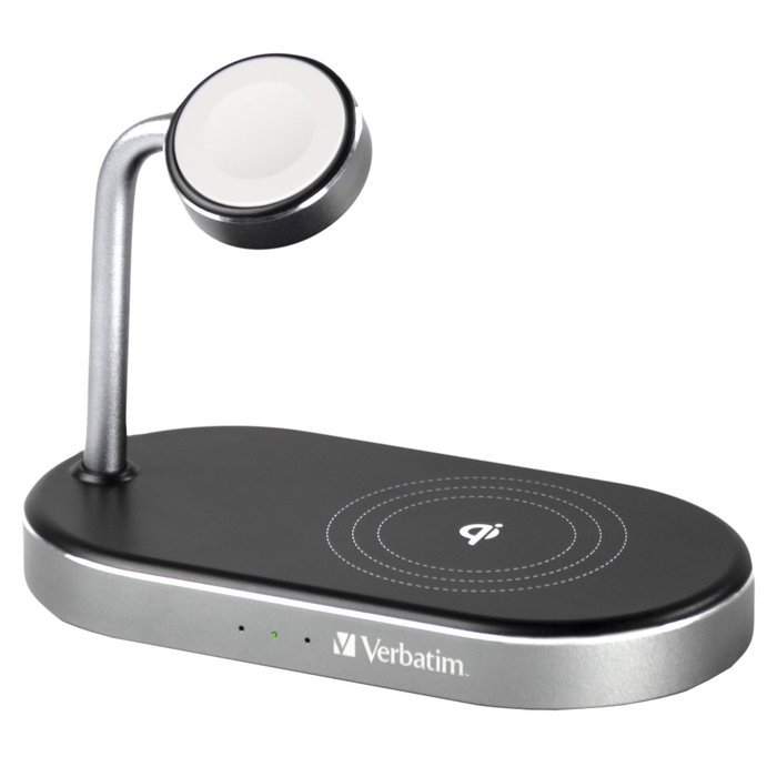 Verbatim WCS-02 Cargador 3 en 1 de Aluminio Qi MFi para Apple Watch y dispositivos móviles
