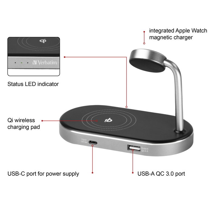 Verbatim WCS-02 Cargador 3 en 1 de Aluminio Qi MFi para Apple Watch y dispositivos móviles