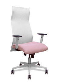 Sillón Albacete con mecanismo Sincro tapizada con Tela color Rosa y malla color Blanco. Equipado con Base poliamida blanca, Brazos 1D y Ruedas 65 mm parqué