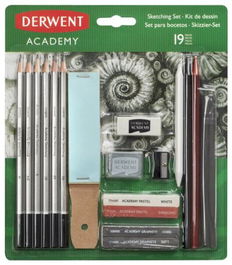 Lapices Derwent Academy Kit De Bocetos 19 Piezas 6 Lapices De Grafito 2 Barras De Grafito 2 Lapices De Dibujo + 1 Goma + 1 Goma Amasable 2 Pasteles + 2 Carboncillo 1 Papel Lija + Sacapuntas + Difumino