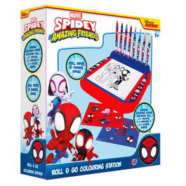 CYP BRANDS Estación de Dibujo Roll & Go Spidey Marvel, Set Completo para Pintar con Rotuladores, Ceras, Plantillas y Papel