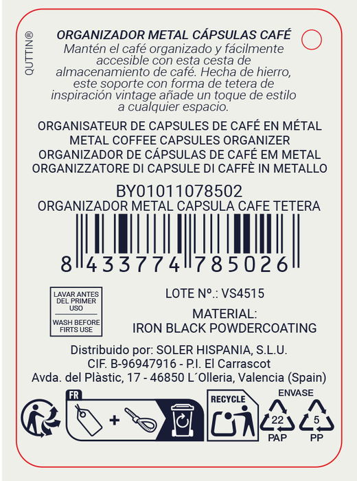 Inde Organizador Metálico para Cápsulas de Café Tipo Tetera 29 x 15.1 x 26 cm (8 Unidades)