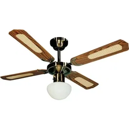 FARELEK Bali Ø 107 cm - Ventilador de Techo Reversible en Latón Antiguo con 4 Aspas de Nogal Ahumado y Luz Integrada