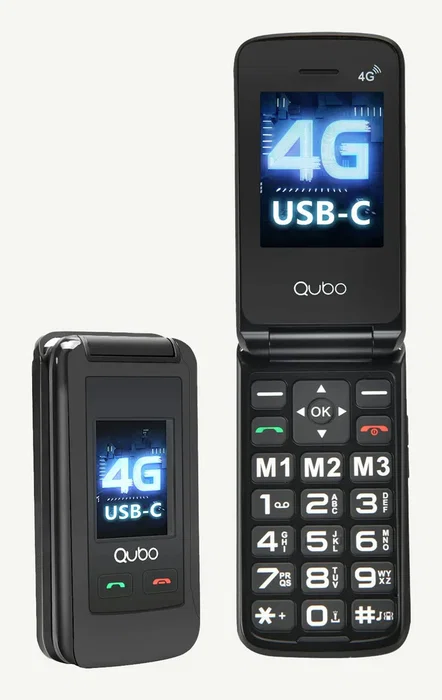 Qubo X-247 4G Teléfono Móvil para Personas Mayores - Tipo Concha - Dual SIM - Pantalla Externa 1.77", Interna 2.8" - 64MB RAM + 128MB ROM - Cámara 0.3MP - Color Negro