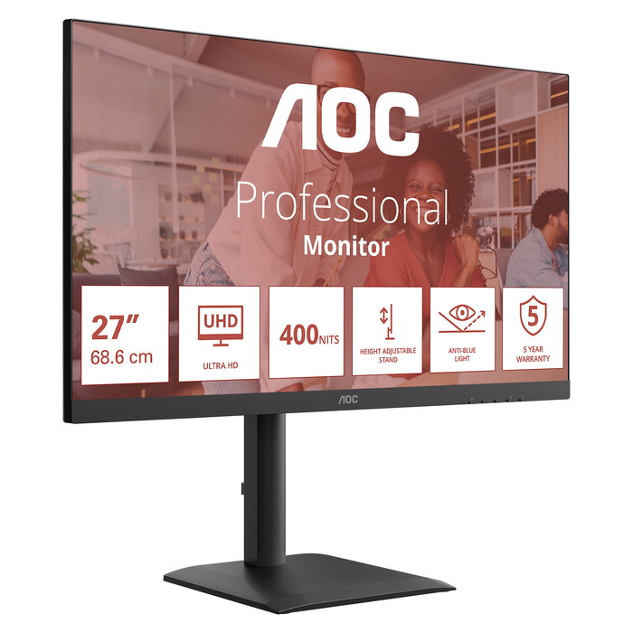 AOC U27E4CV 27" 4K Ultra HD IPS 60Hz 2x HDMI 2.0 DisplayPort 1.4 USB-C (90W PD) RJ45 USB Hub Negro