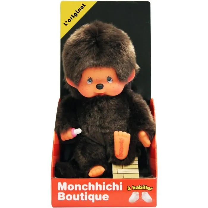 Bandai Monchhichi Peluche Original Auténtico con Ojos Azules y Tatuaje en el Pie Perfecto para Vestir con Ropa de Tienda Monchhichi