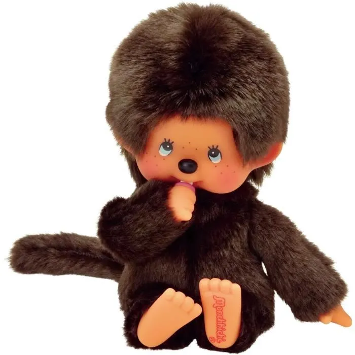 Bandai Monchhichi Peluche Original Auténtico con Ojos Azules y Tatuaje en el Pie Perfecto para Vestir con Ropa de Tienda Monchhichi