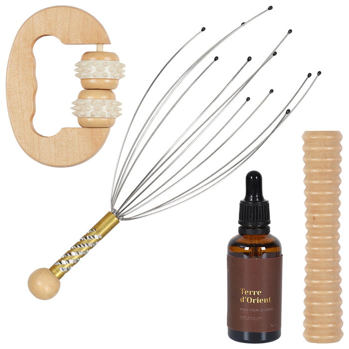 Cosmetic Club Juego de 5 Piezas Masaje y Bienestar con Neceser, Rodillo Corporal, Rodillo de Pies, Masajeador de Cabeza y Aceite Corporal 50ml