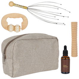 Cosmetic Club Juego de 5 Piezas Masaje y Bienestar con Neceser, Rodillo Corporal, Rodillo de Pies, Masajeador de Cabeza y Aceite Corporal 50ml