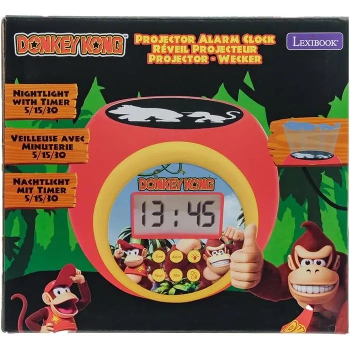 Lexibook LEX3380743090863 Reloj Despertador Proyector Donkey Kong con Alarma, Snooze, Luz Nocturna con Temporizador y Pantalla LCD