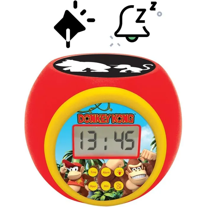 Lexibook LEX3380743090863 Reloj Despertador Proyector Donkey Kong con Alarma, Snooze, Luz Nocturna con Temporizador y Pantalla LCD