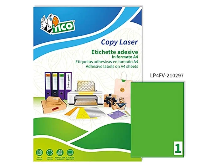 Avery Etiqueta Adhesiva Verde Fluorescente Permanente FSC para Laser/Inkjet/Fotocopia 210x297 mm Caja 70 Unidades