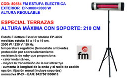 Estufa eléctrica de infrarrojos EP-3000 2000W con altura regulable para exterior