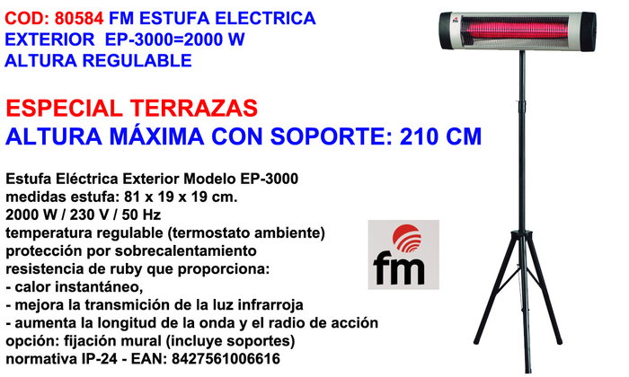 Estufa eléctrica de infrarrojos EP-3000 2000W con altura regulable para exterior Estufa eléctrica de infrarrojos EP-3000 2000W con altura regulable para exterior