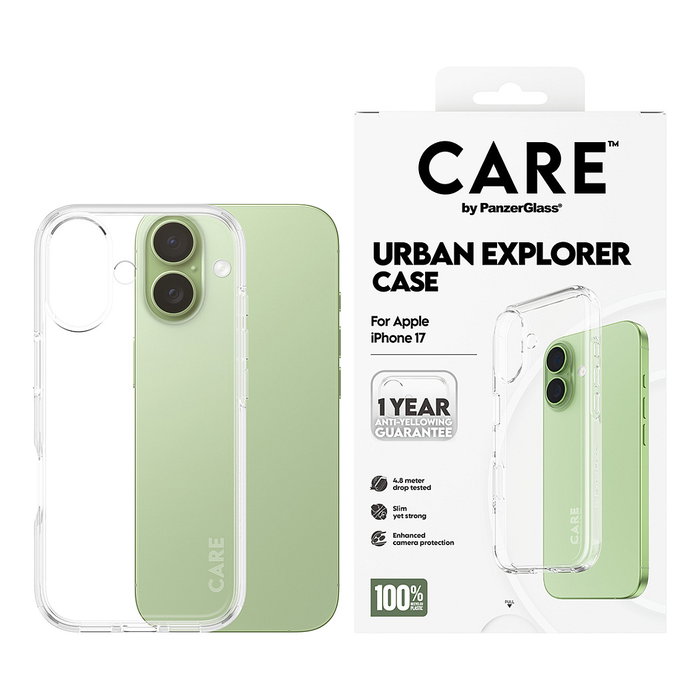 PanzerGlass PanzerGlass CARE by Urban Explorer Case Transparente para iPhone 17 - Funda TPU Protectora 100% Reciclada, Resistente a Golpes y Anti-Amarilleamiento