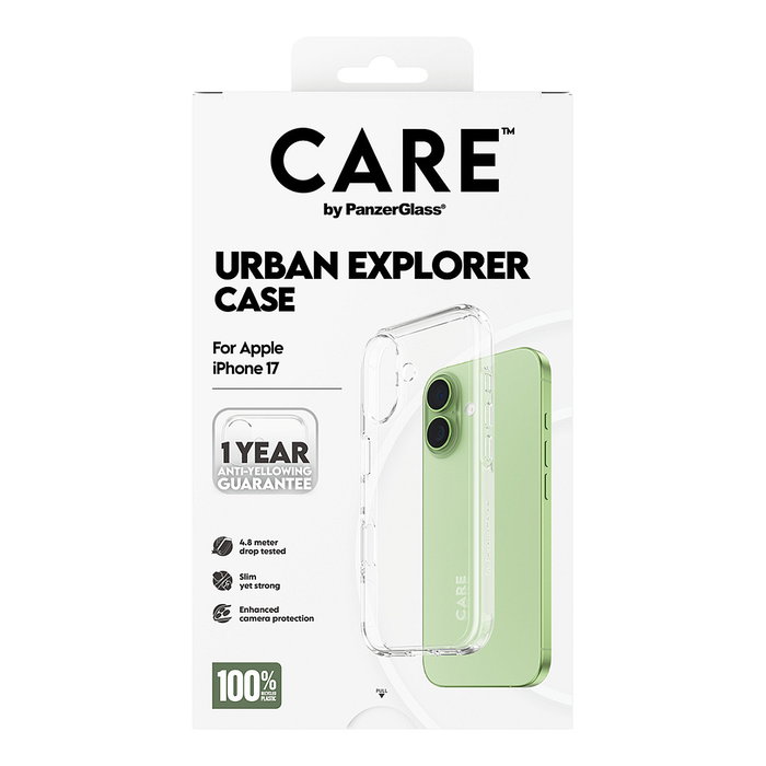 PanzerGlass PanzerGlass CARE by Urban Explorer Case Transparente para iPhone 17 - Funda TPU Protectora 100% Reciclada, Resistente a Golpes y Anti-Amarilleamiento