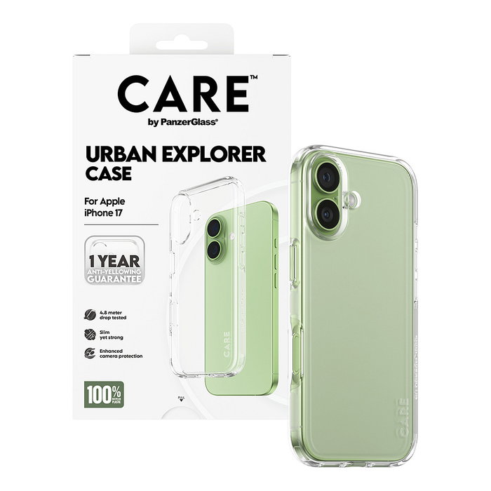 PanzerGlass PanzerGlass CARE by Urban Explorer Case Transparente para iPhone 17 - Funda TPU Protectora 100% Reciclada, Resistente a Golpes y Anti-Amarilleamiento
