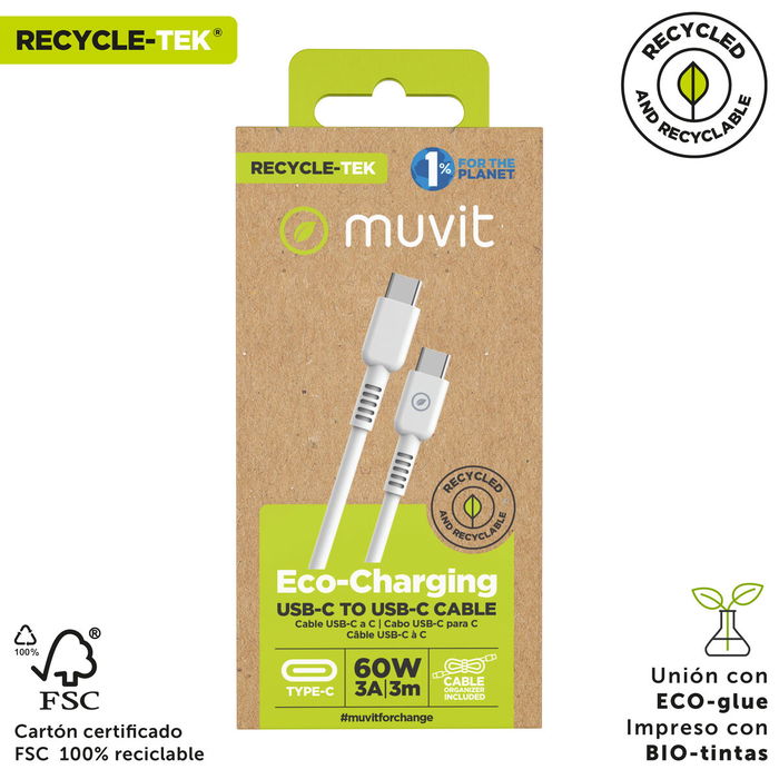 muvit for change cable Tipo C a Tipo C 3A/60W 3m blanco