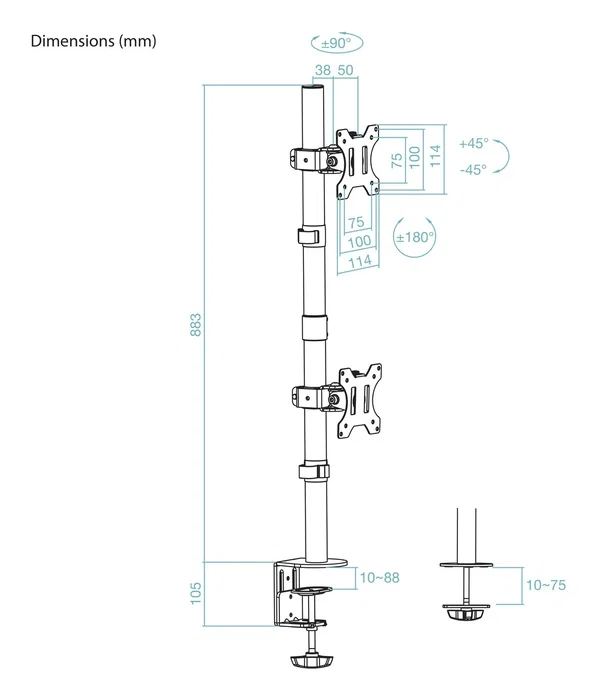 Tooq Soporte de Mesa para 2 Monitores DB1233TNV-B Vertical