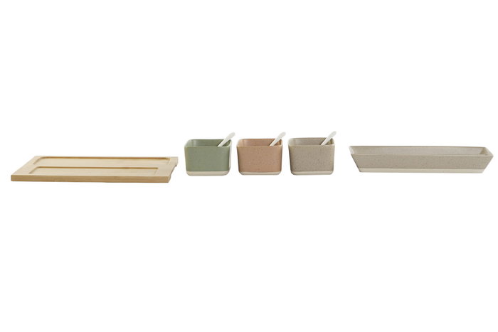 DKD Home Decor Set de Aperitivo de Porcelana y Bambú Multicolor, 8 Piezas