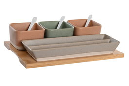 DKD Home Decor Set de Aperitivo de Porcelana y Bambú Multicolor, 8 Piezas