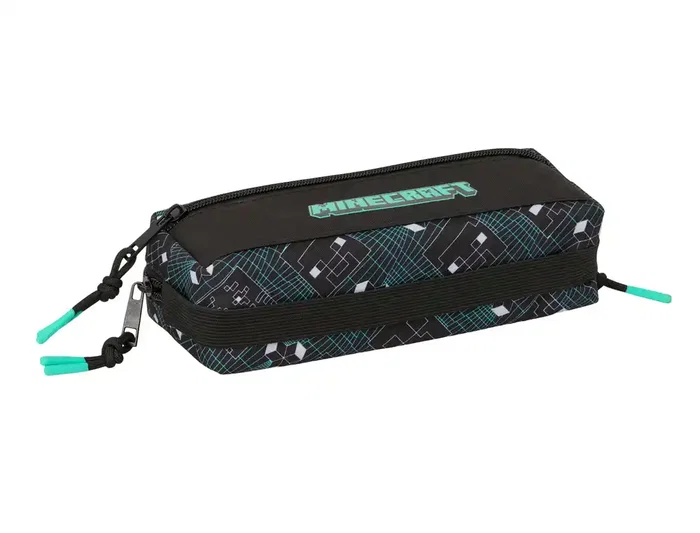 Safta Estuche Portatodo Rectangular Triple Cremallera con Goma Elástica 22 cm, Colección Minecraft, Dimensiones 85x220x60 mm