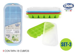 Dem Cubitera para 18 Cubitos con Tapa, Set de 3 Piezas. Dimensiones: 26 cm Largo x 11.5 cm Ancho x 3.5 cm Alto (12 Unidades)