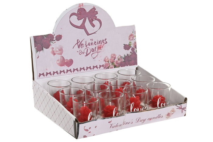DKD Home Decor Vela San Valentin Urban Rojo Cera Parafina Cristal 5x5x6.5 cm Oso Rosa Love Fresa 30gr 12 Unidades