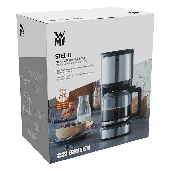 WMF 0412150011 Stelio Cafetera de Filtro 1.25L, 1000W, Negra/Acero Inoxidable, Semi-Automática con Jarra y Plato Caliente