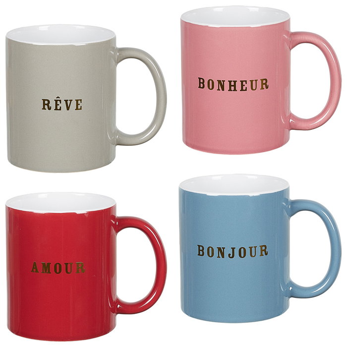 Home Deco Factory Mug 300 Ml Emotion Modelos Surtidos Rojo Amour Gris Rêve Rosa Bonheur Azul Bonjour