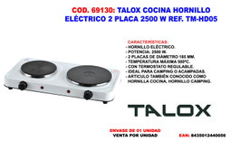 TALOX Cocina de Hornillo Eléctrico 2 Placas 2.500 W TM-HD05