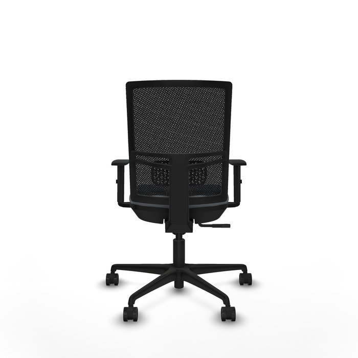 Silla de oficina Yunquera con mecanismo Sincro tapizada con Tela color Gris y malla color Negro. Equipada con lumbar 1D, Brazos 1D y Ruedas 65mm nailon