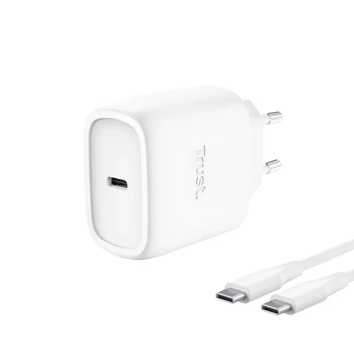 Trust Maxo Cargador de Pared GaN 45W USB-C PD 3.0 con Cable 2m, Carga Rápida Universal Compatible con Apple, Protección Sobrecalentamiento, Blanco