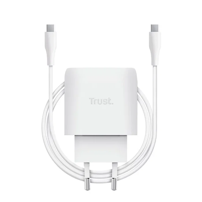 Trust Maxo Cargador de Pared GaN 45W USB-C PD 3.0 con Cable 2m, Carga Rápida Universal Compatible con Apple, Protección Sobrecalentamiento, Blanco