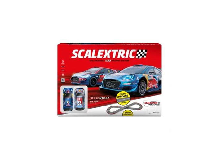 Scalextric Pista Open Rally con Coches con Luz, Mando con Turbo, Vallas, Puente y Rampa. 5.2 Metros de Pista. 233x77 cm.