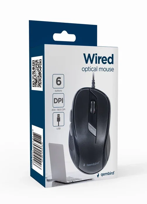 Gembird MUS-6B-01 Ratón Óptico USB Negro Ambidextro para Oficina, 6 Botones, 1600 DPI, Plug & Play