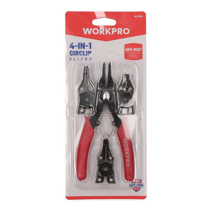 Workpro Alicate para Arandelas Circlip 4-en-1 Intercambiable con 4 Puntas (0°, 45°, 90°) - 155 mm, Acero 65Mn ennegrecido