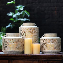 DKD Home Decor Set de 3 Portavelas Metálicos Crema y Dorado