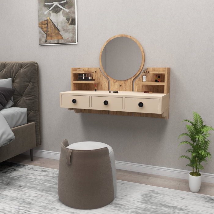 Hanah Home Polina Mesa de Maquillaje, Pino Atlántico y Beige, 90cm x 75cm x 36.8cm