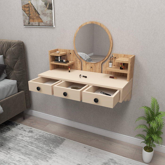Hanah Home Polina Mesa de Maquillaje, Pino Atlántico y Beige, 90cm x 75cm x 36.8cm