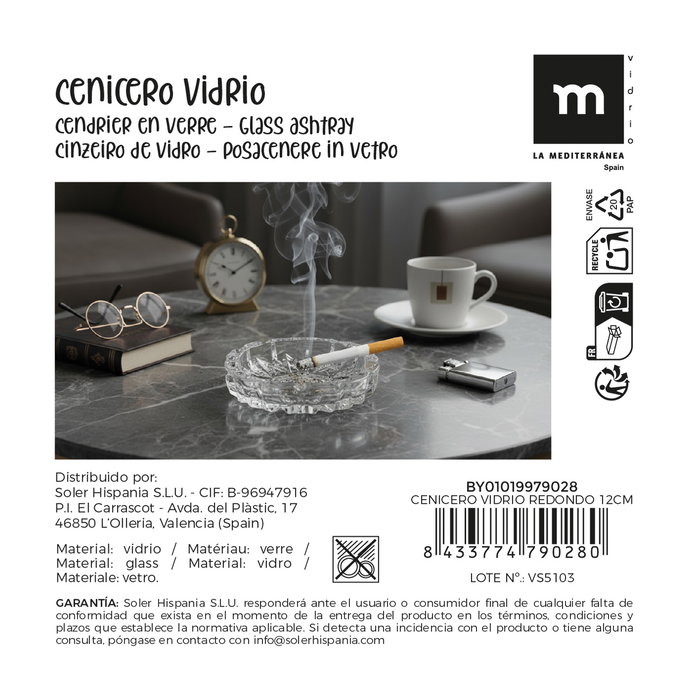 Inde Cenicero de Vidrio Redondo 12 cm, Dimensiones 12,7 x 12,5 x 4 cm, Peso 11,43 kg, para Comodidad y Estilo (36 Unidades)