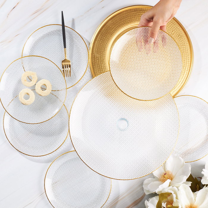 Hermia Juego de Platos para Postres de Vidrio Dorado Elegante para Ocasiones Especiales - 7 Piezas