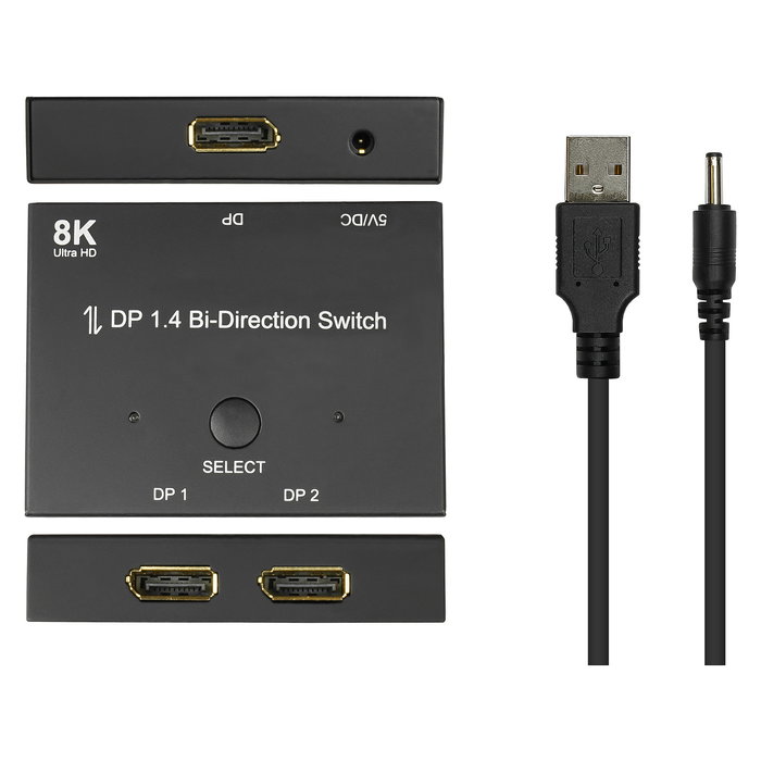 GoodConnections DP1.4 Switch DisplayPort 2-fach Bidireccional para 8K Ultra HD @30Hz (7680x4320) - Metal, Negro