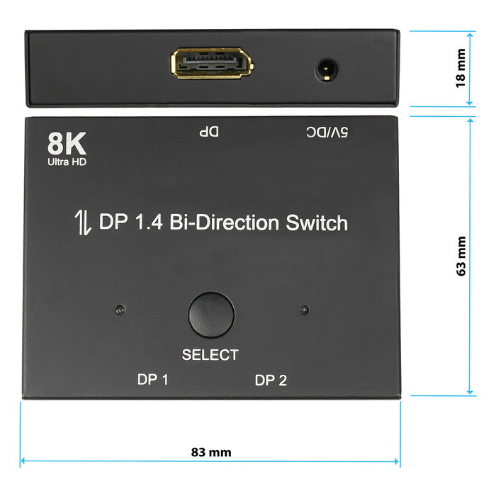 GoodConnections DP1.4 Switch DisplayPort 2-fach Bidireccional para 8K Ultra HD @30Hz (7680x4320) - Metal, Negro